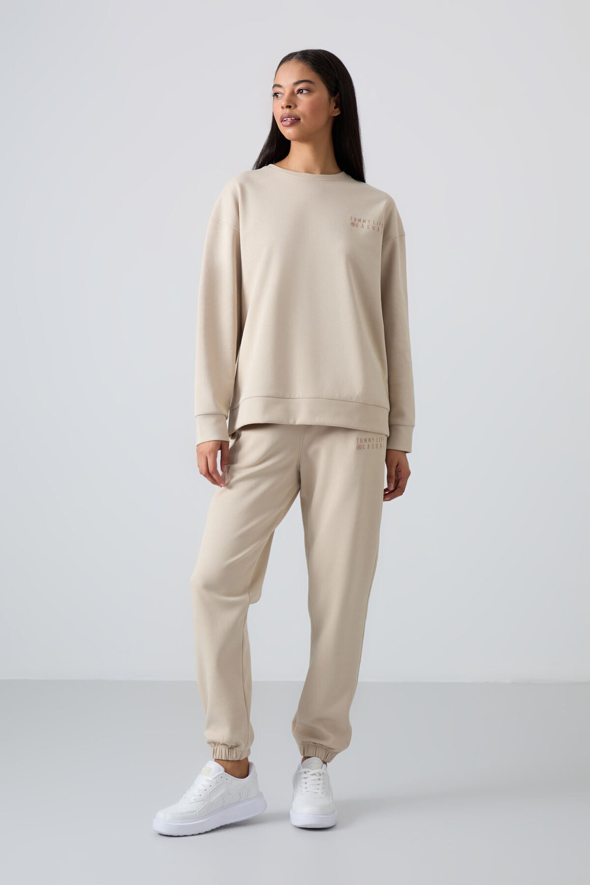 Bej Basic Pamuklu O Yaka Oversize Lastik Paça Kadın Eşofman Takım - 95287