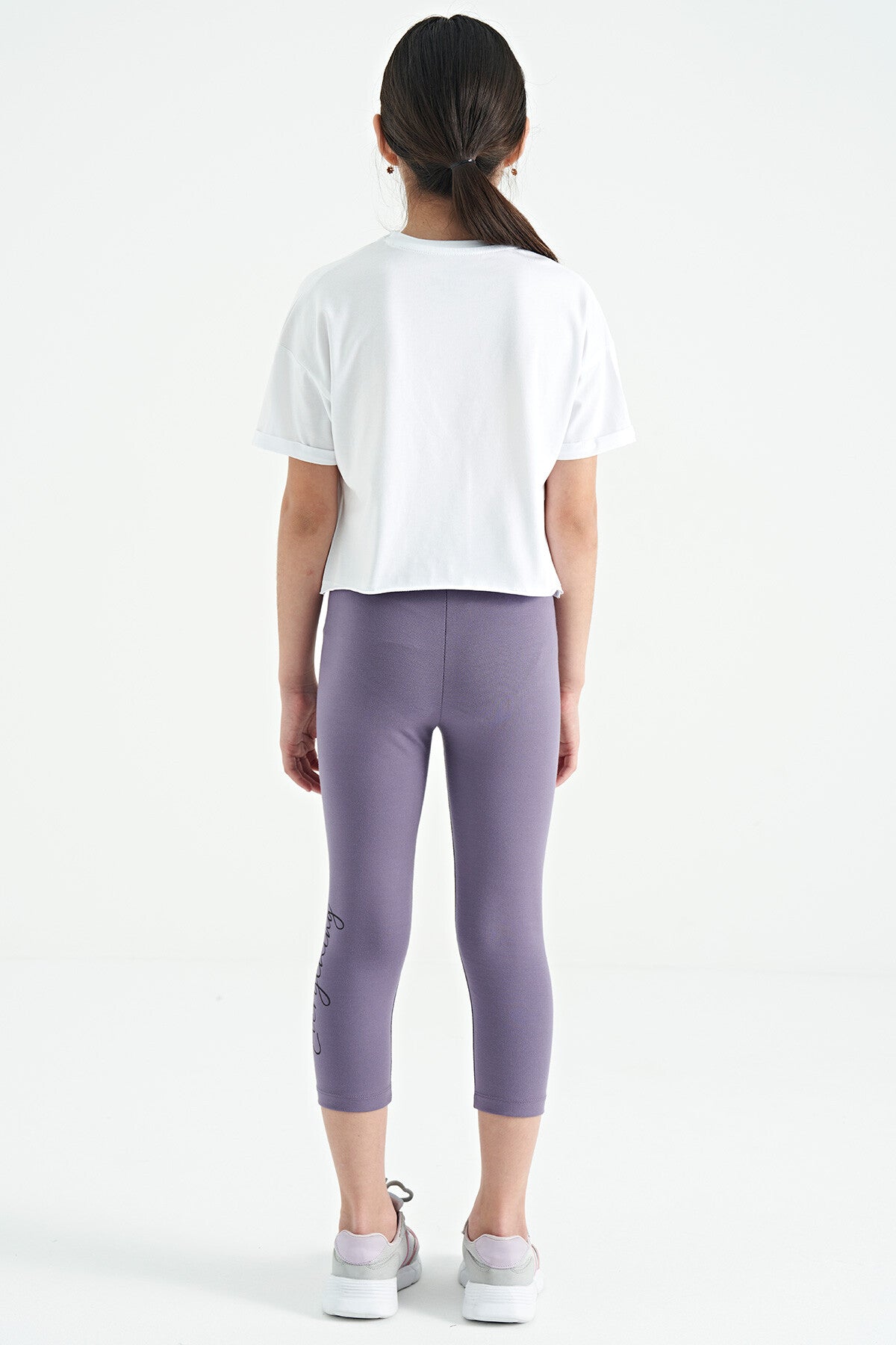 Beyaz - Açık Eflatun Yazı Baskılı Oversize Kız Çocuk Crop Tayt Takım - 75133