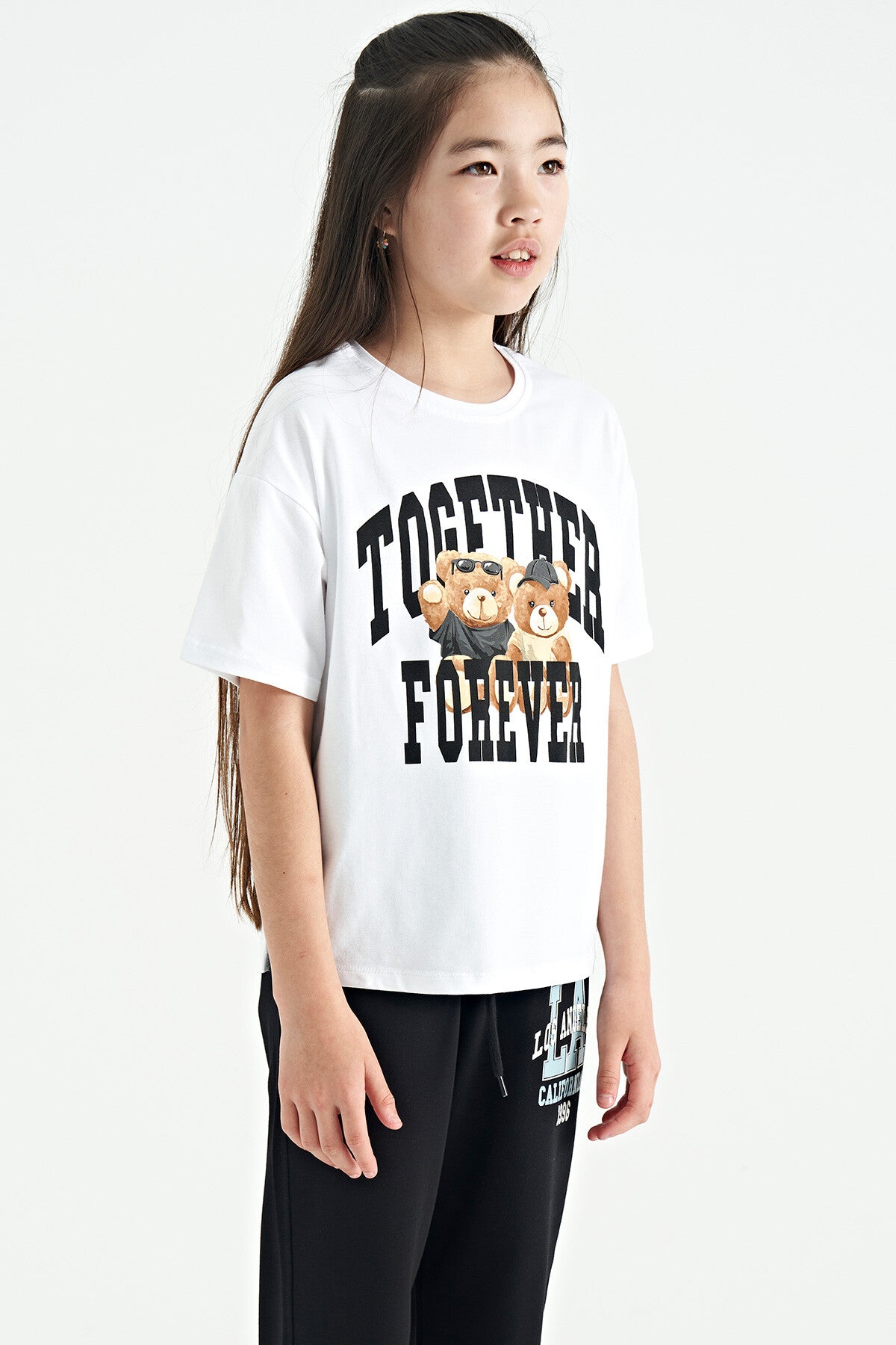 Beyaz Ayıcık Baskılı O Yaka Oversize Kısa Kol Kız Çocuk T-Shirt - 75116
