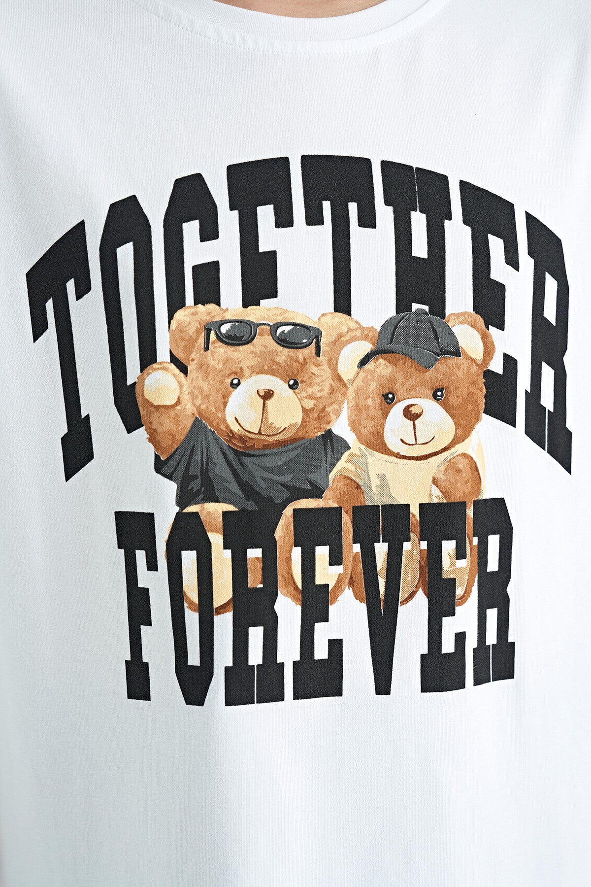 Beyaz Ayıcık Baskılı O Yaka Oversize Kısa Kol Kız Çocuk T-Shirt - 75116