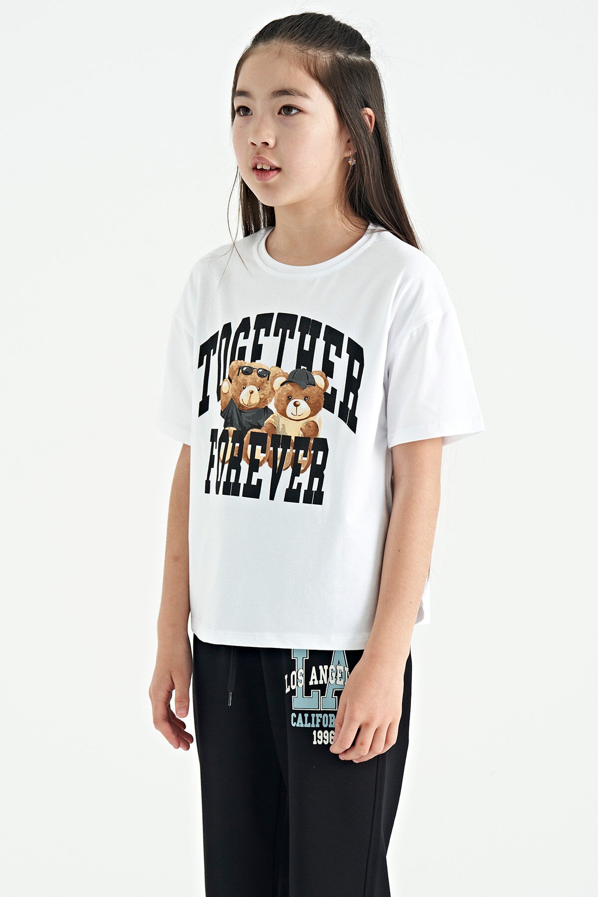 Beyaz Ayıcık Baskılı O Yaka Oversize Kısa Kol Kız Çocuk T-Shirt - 75116