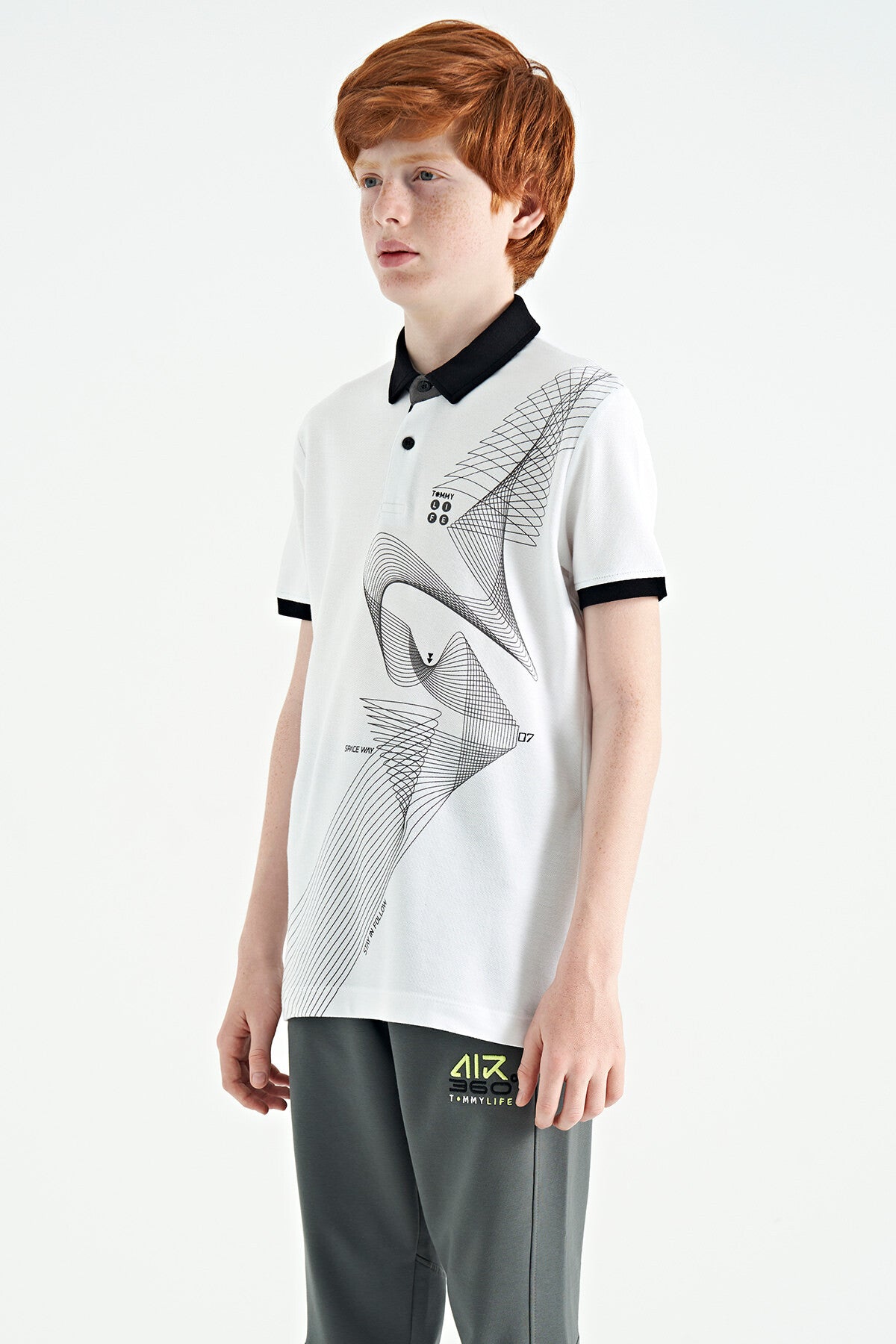Beyaz Baskı Detaylı Standart Kalıp Polo Yaka Erkek Çocuk T-Shirt - 11164