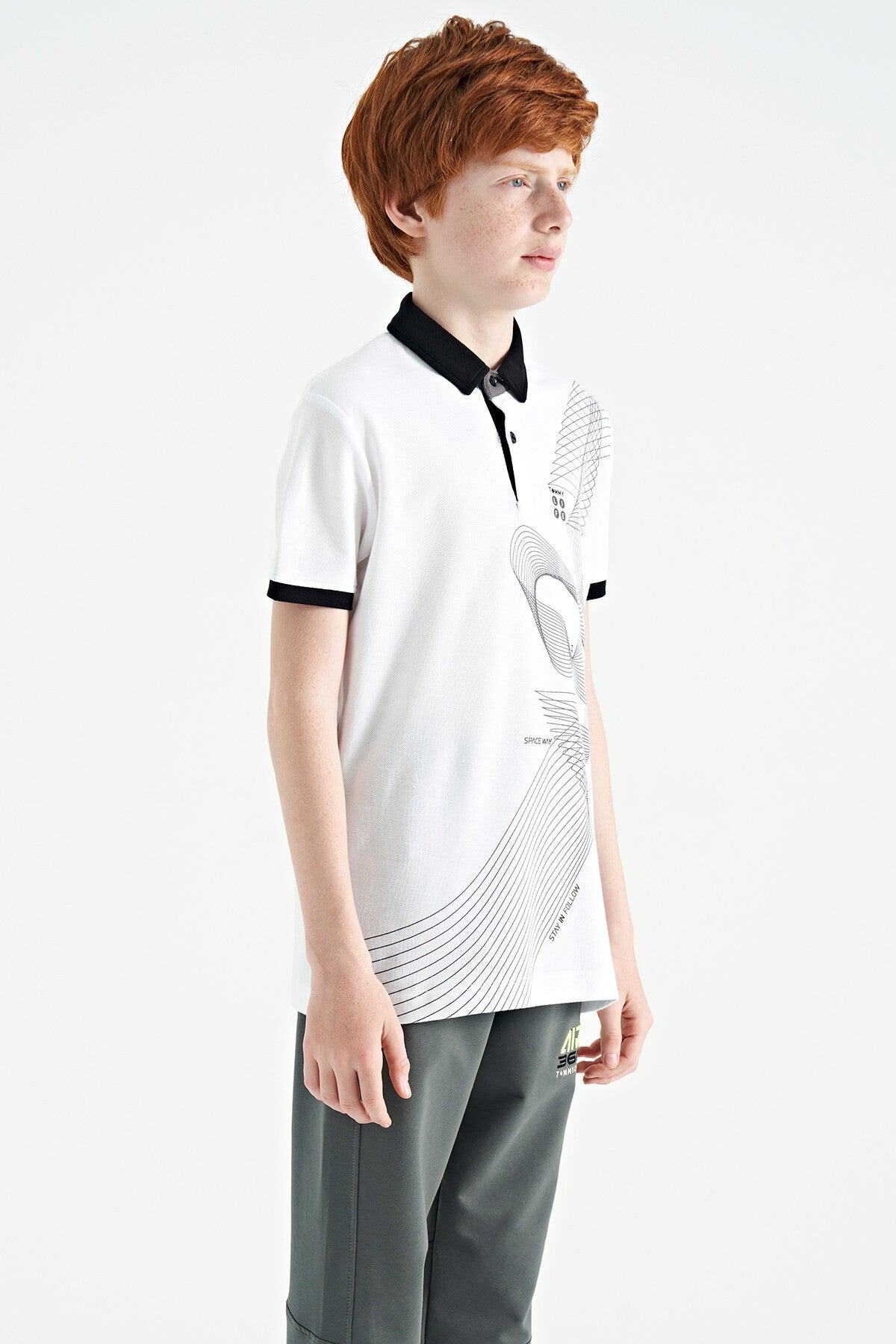 Beyaz Baskı Detaylı Standart Kalıp Polo Yaka Erkek Çocuk T-Shirt - 11164