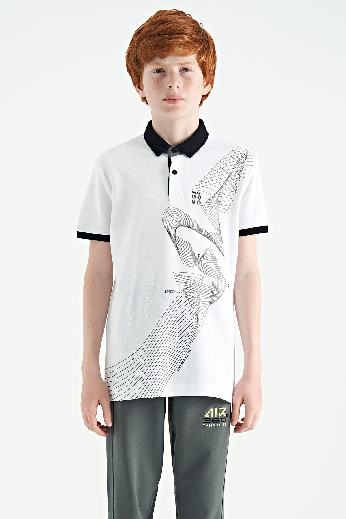 Beyaz Baskı Detaylı Standart Kalıp Polo Yaka Erkek Çocuk T-Shirt - 11164