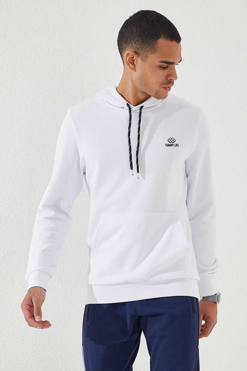 Beyaz Kanguru Cep Standart Kalıp Kapüşonlu Erkek Sweatshirt - 87872