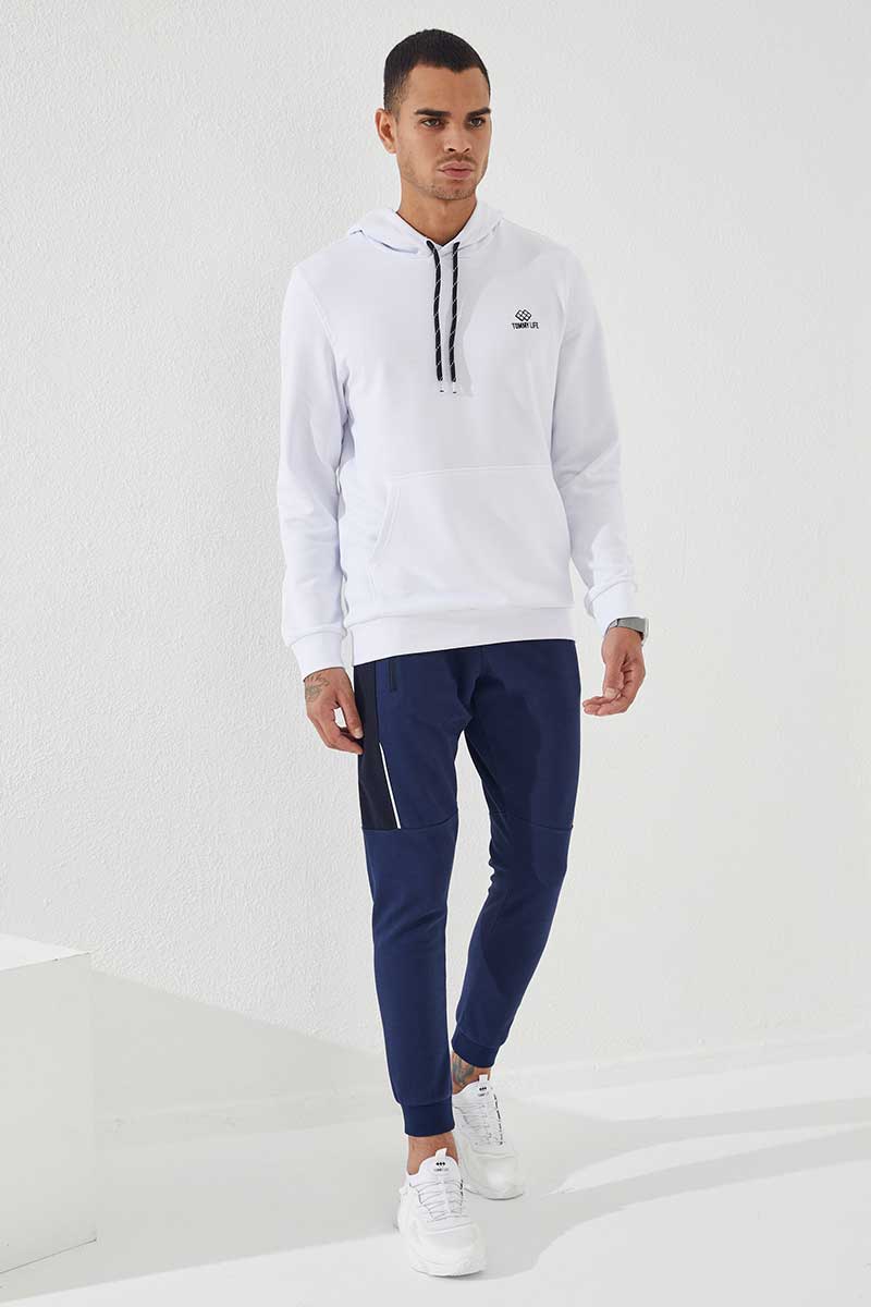 Beyaz Kanguru Cep Standart Kalıp Kapüşonlu Erkek Sweatshirt - 87872