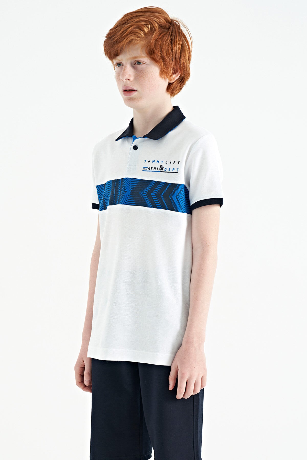 Beyaz Şerit Baskı Detaylı Pola Yaka Standart Kalıp Erkek Çocuk T-Shirt - 11162