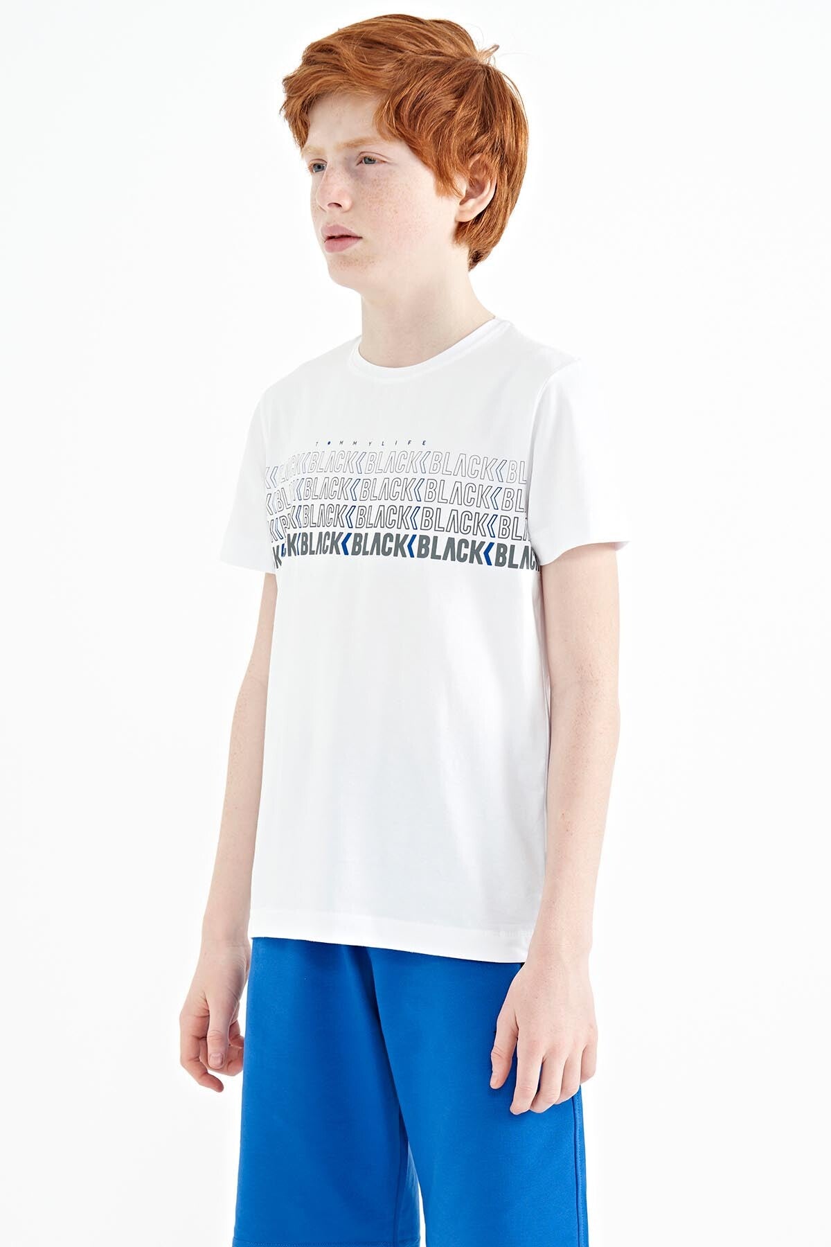 Beyaz Yazı Baskılı O Yaka Standart Kalıp Erkek Çocuk T-Shirt - 11149
