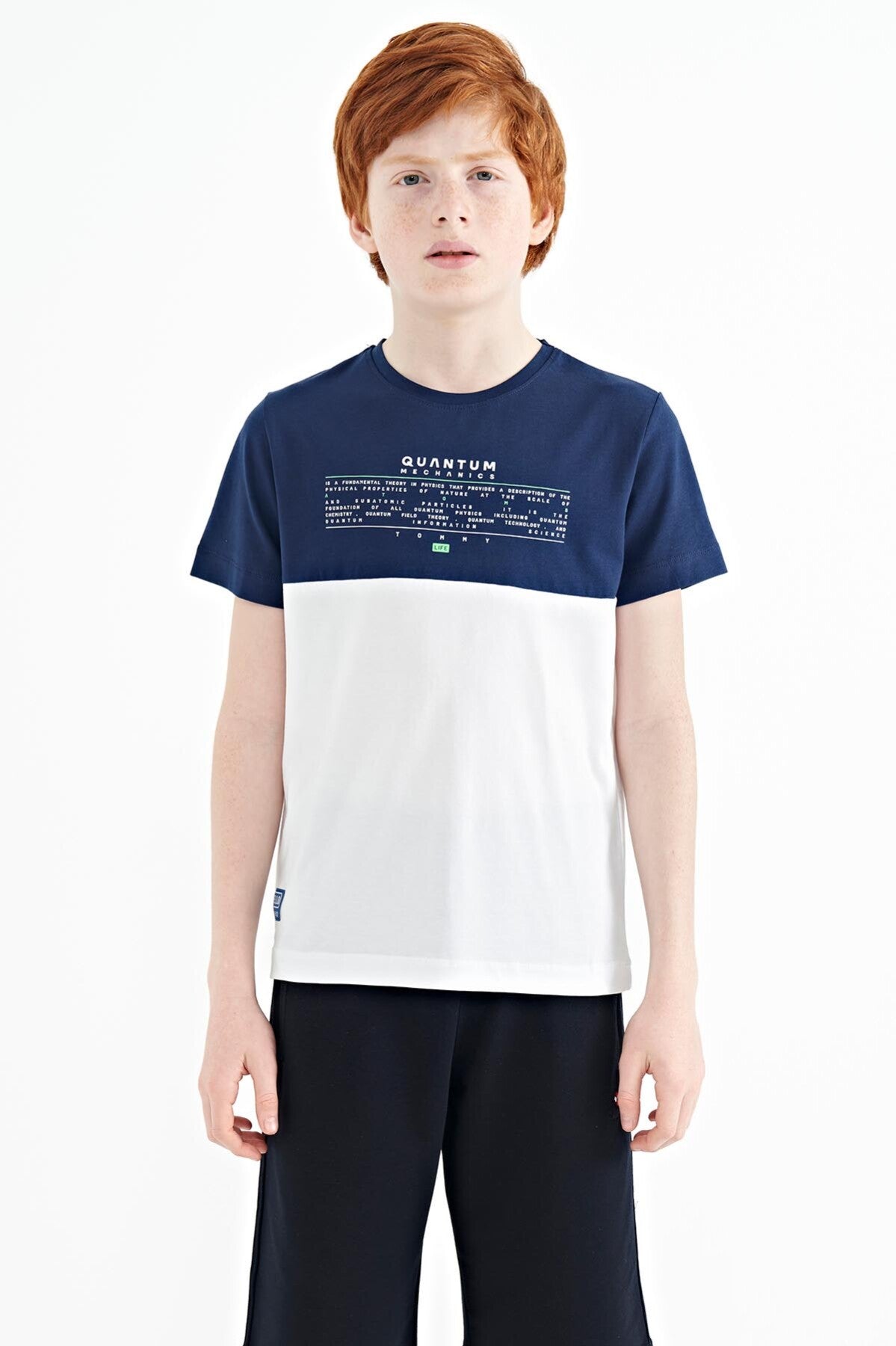 Beyaz Yazı Baskılı Renk Bloklu Standart Kalıp O Yaka Erkek Çocuk T-Shirt - 11134