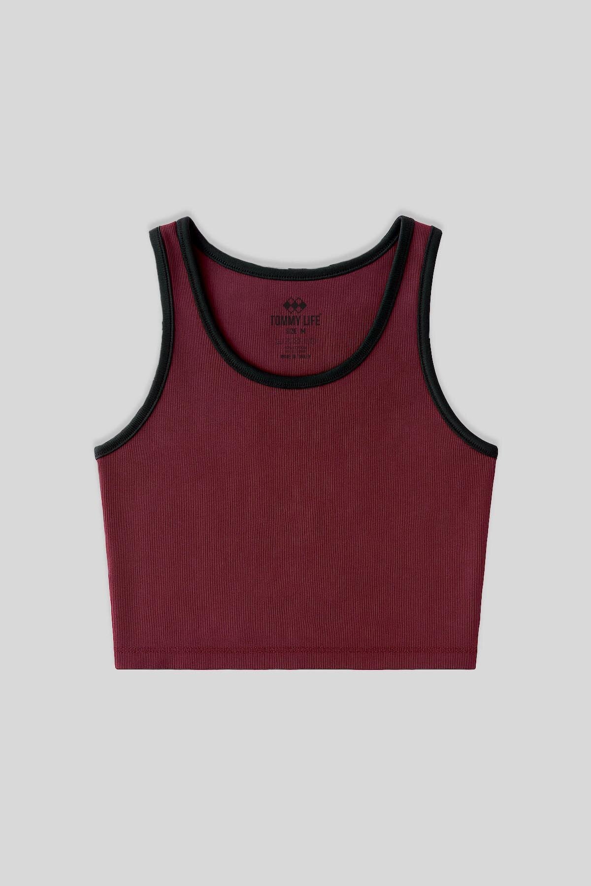 Bordo Basic Sıfır Kol Dar Kalıp U Yaka Kadın Crop Top Atlet - 97162