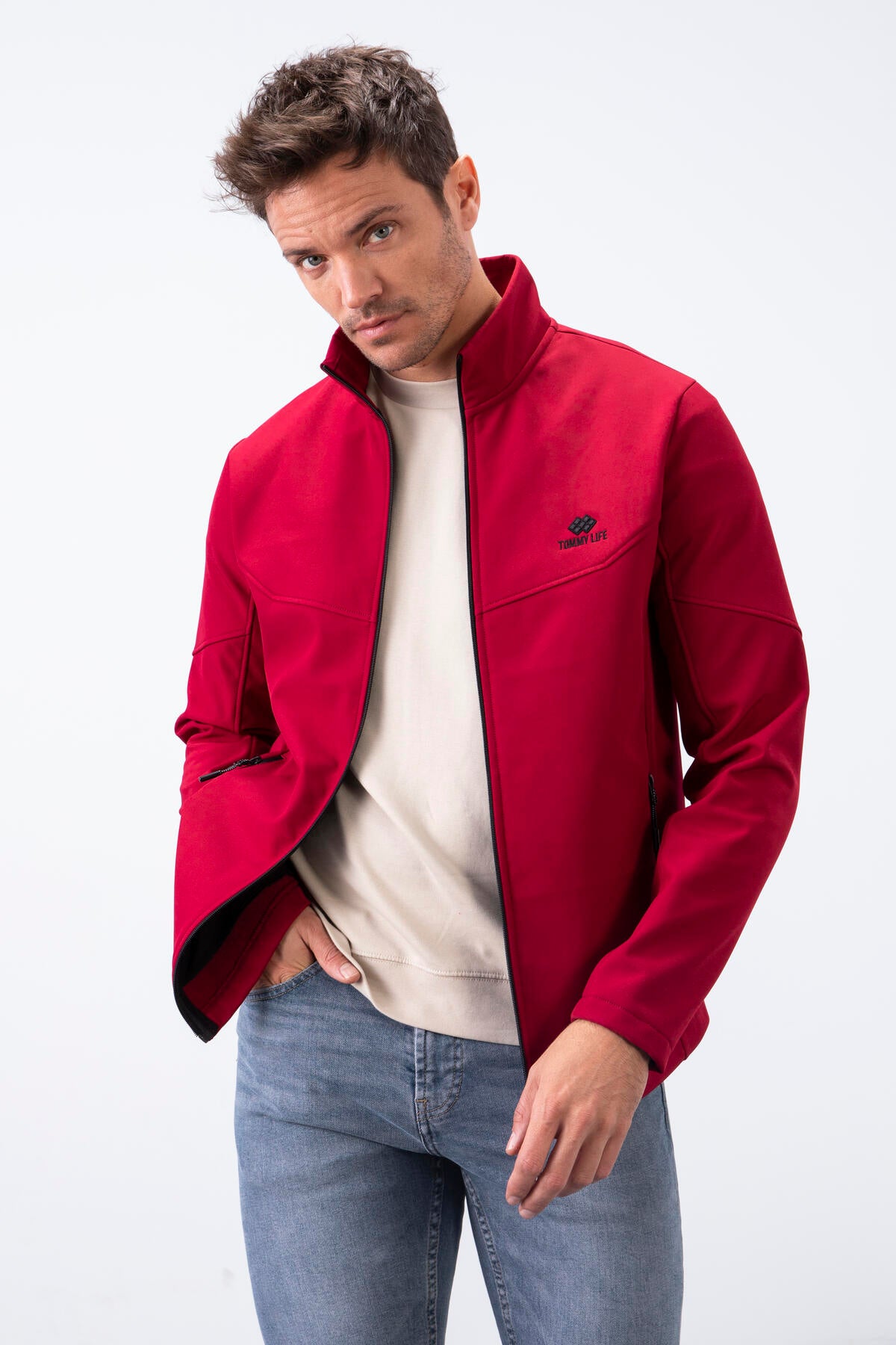 Bordo Fermuarlı Dik Yaka Su ve Rüzgar Geçirmez Softshell Erkek Mont - 88050