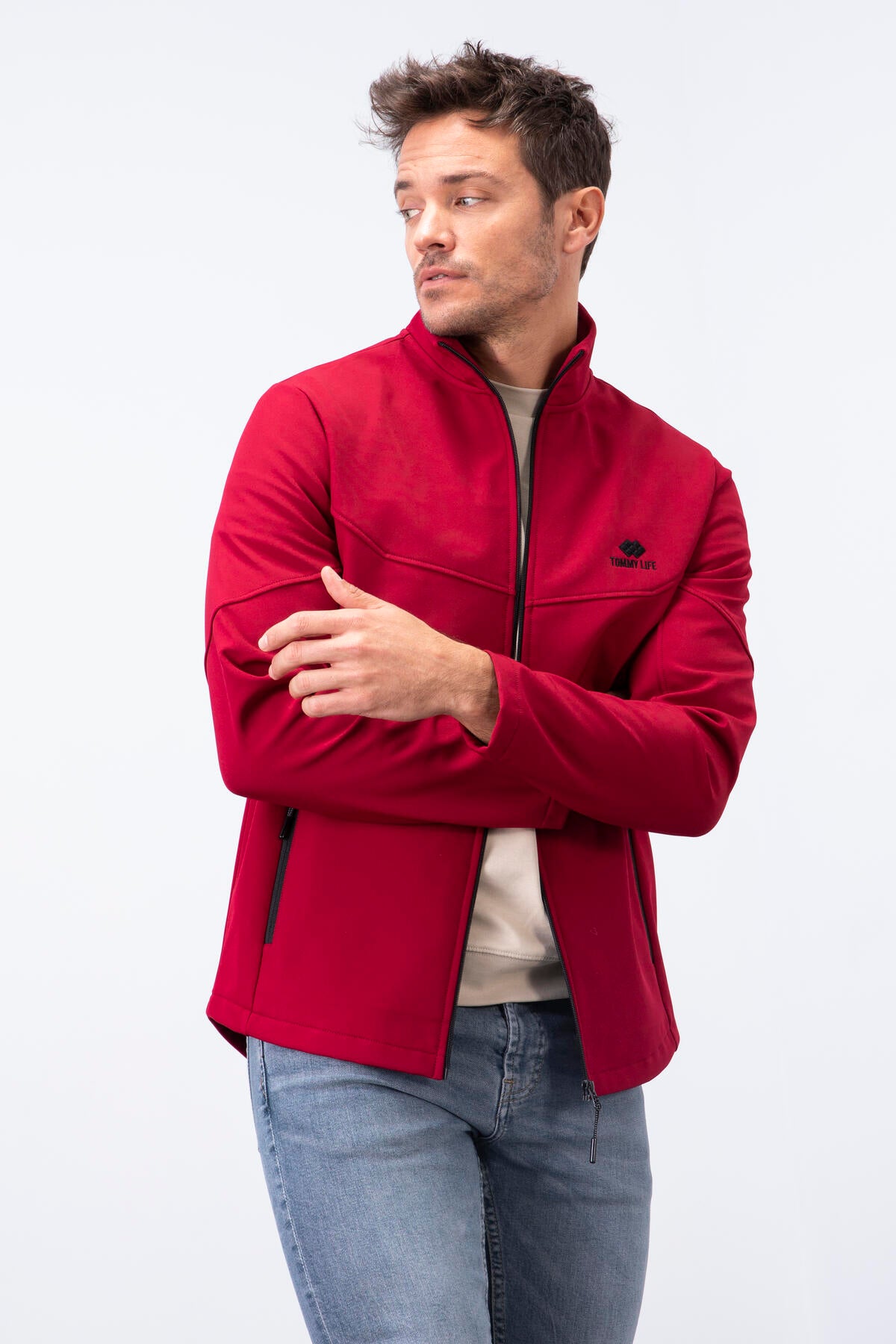 Bordo Fermuarlı Dik Yaka Su ve Rüzgar Geçirmez Softshell Erkek Mont - 88050