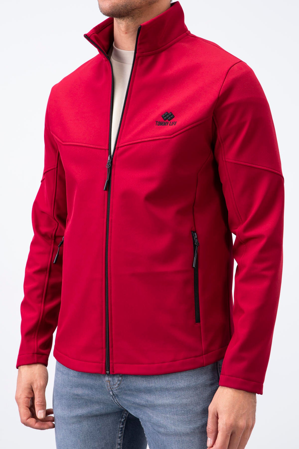 Bordo Fermuarlı Dik Yaka Su ve Rüzgar Geçirmez Softshell Erkek Mont - 88050