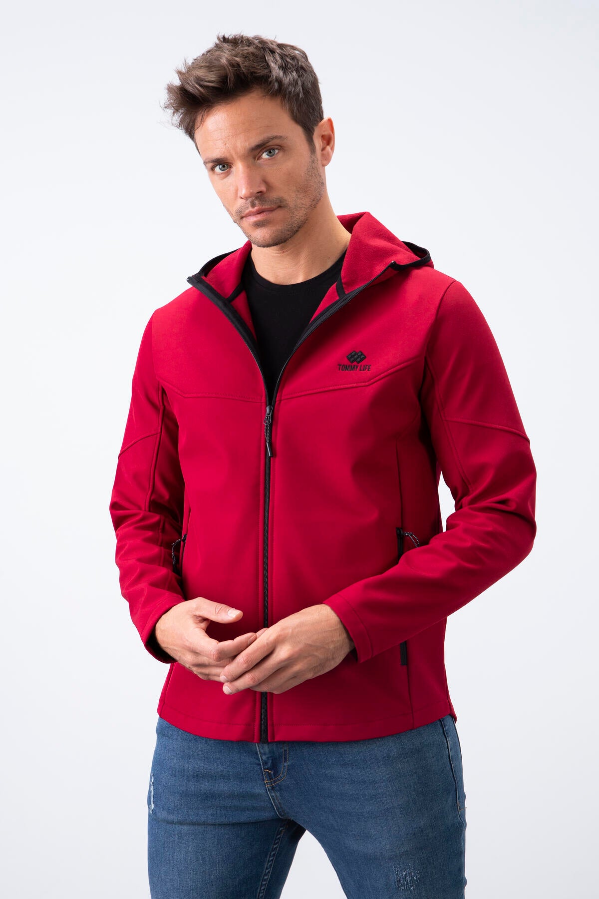 Bordo Fermuarlı Kapüşonlu Su ve Rüzgar Geçirmez Softshell Erkek Mont - 88051