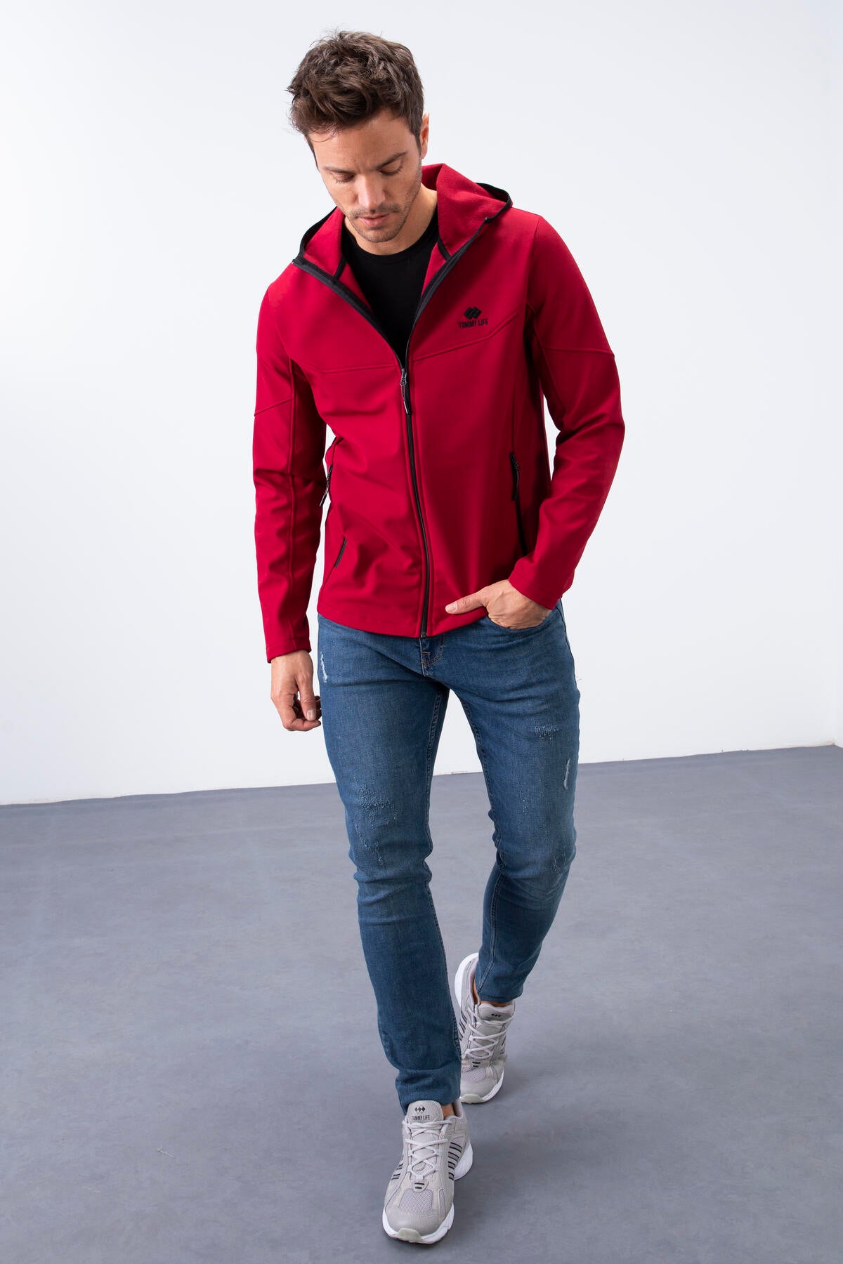 Bordo Fermuarlı Kapüşonlu Su ve Rüzgar Geçirmez Softshell Erkek Mont - 88051