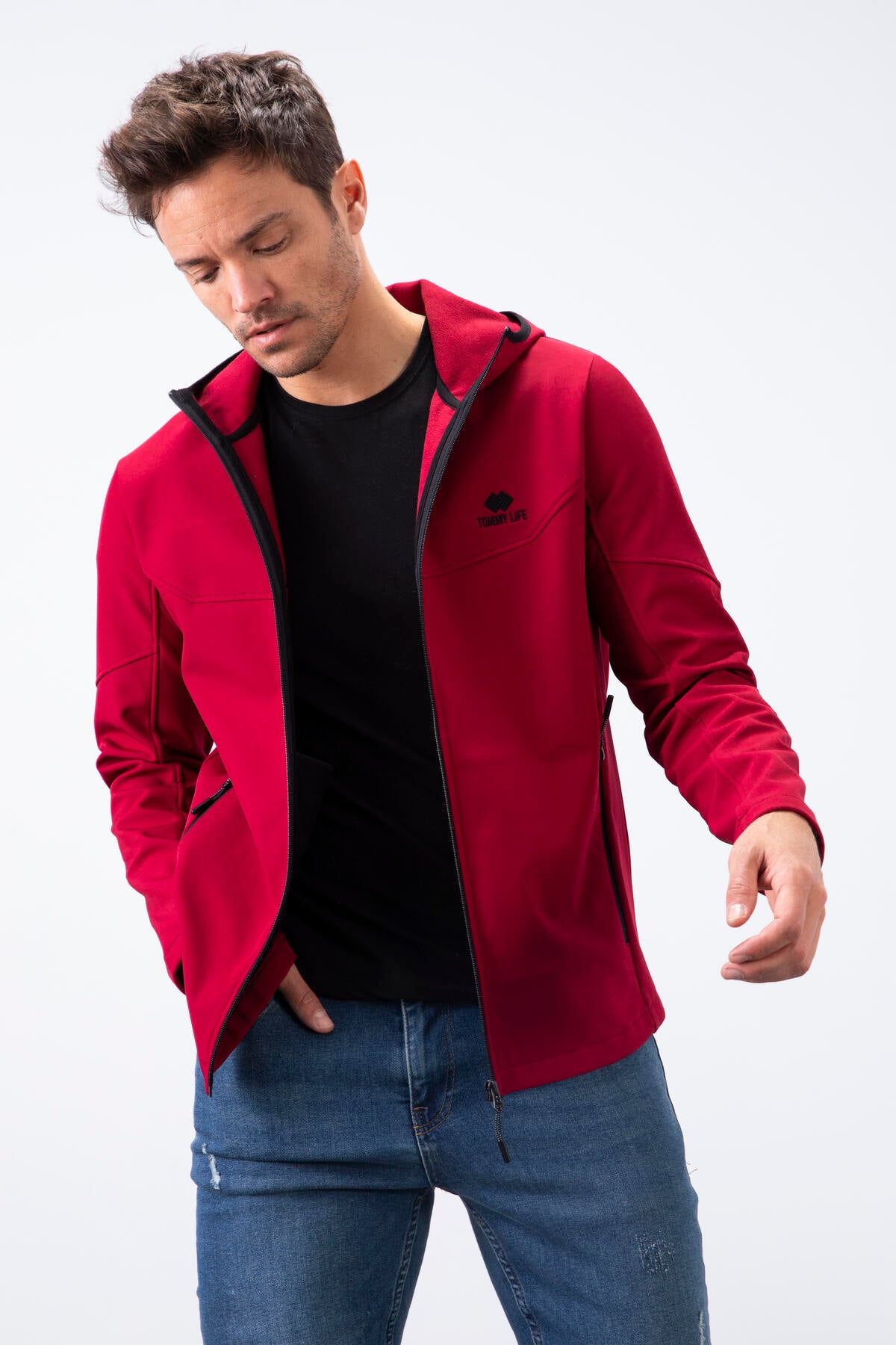 Bordo Fermuarlı Kapüşonlu Su ve Rüzgar Geçirmez Softshell Erkek Mont - 88051