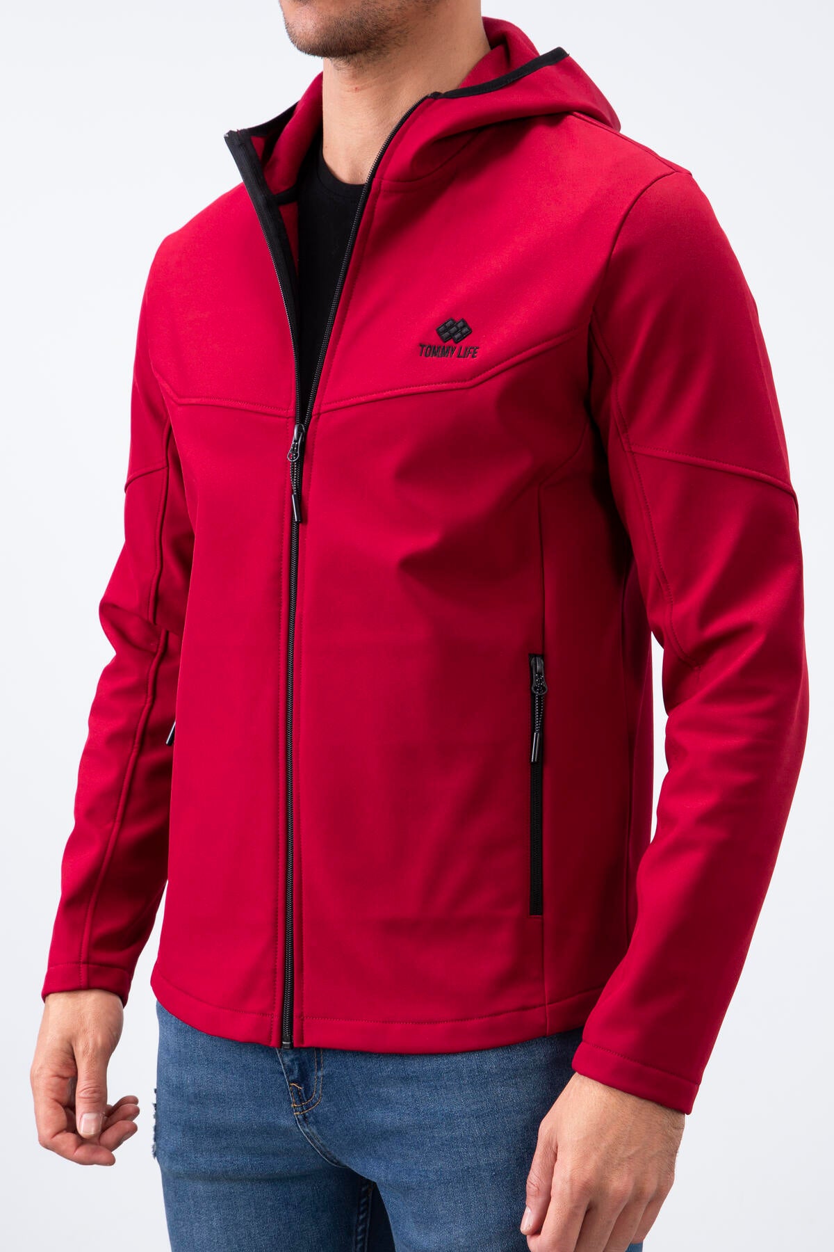 Bordo Fermuarlı Kapüşonlu Su ve Rüzgar Geçirmez Softshell Erkek Mont - 88051