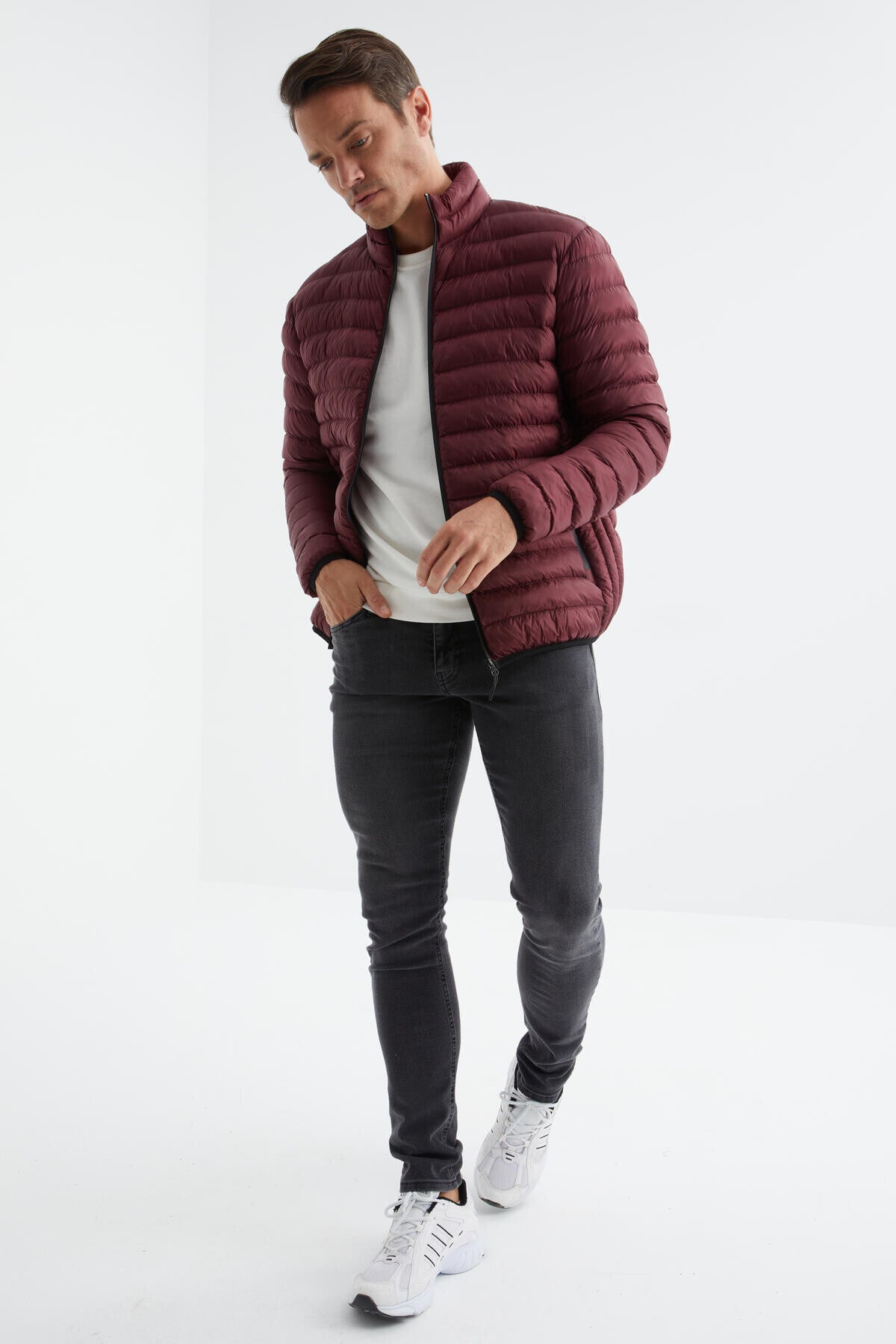 Bordo Fermuarlı Standart Kalıp Soğuğa Dayanıklı Erkek Şişme Mont - 88166