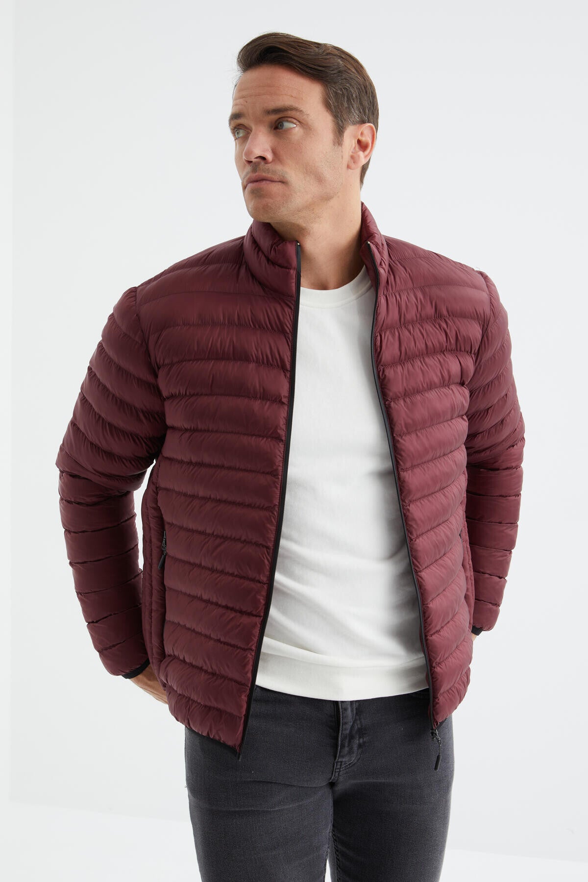 Bordo Fermuarlı Standart Kalıp Soğuğa Dayanıklı Erkek Şişme Mont - 88166