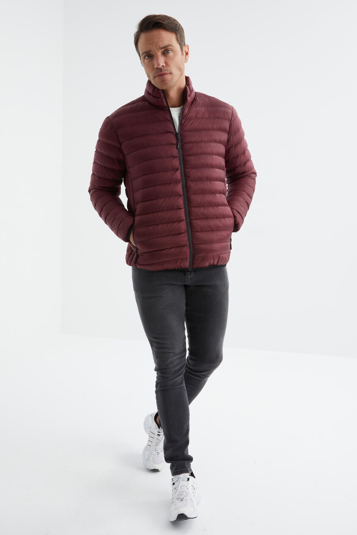 Bordo Fermuarlı Standart Kalıp Soğuğa Dayanıklı Erkek Şişme Mont - 88166