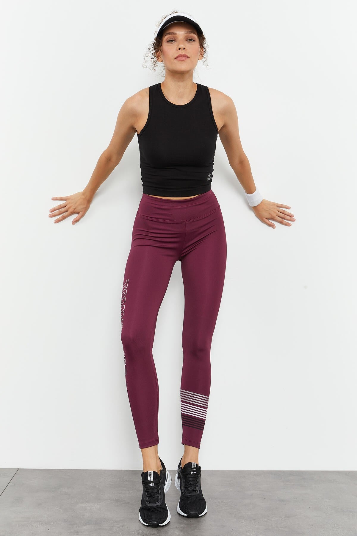 Bordo Yüksek Bel Yazı Baskılı Slim Fit Dar Paça Kadın Tayt - 94544