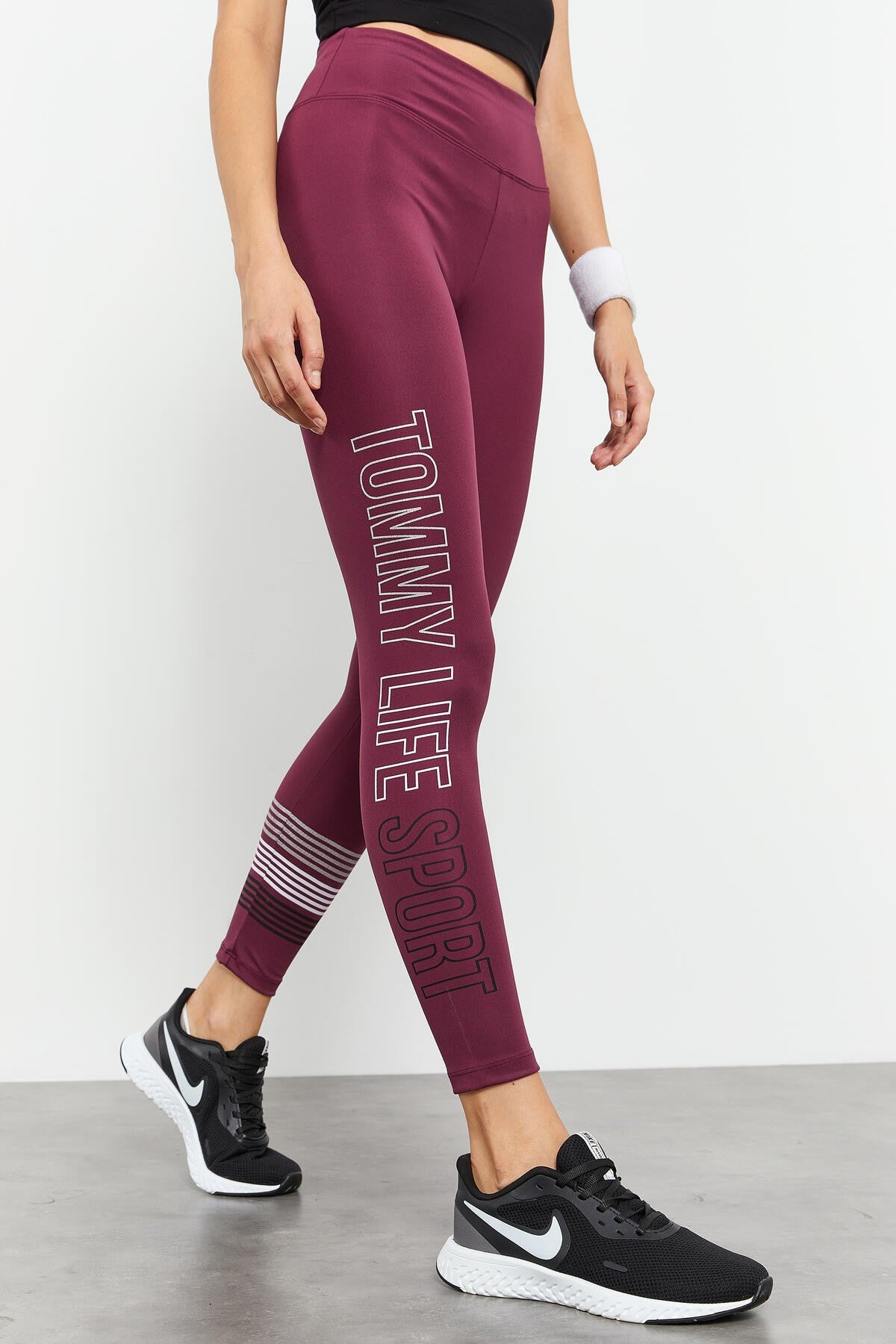 Bordo Yüksek Bel Yazı Baskılı Slim Fit Dar Paça Kadın Tayt - 94544