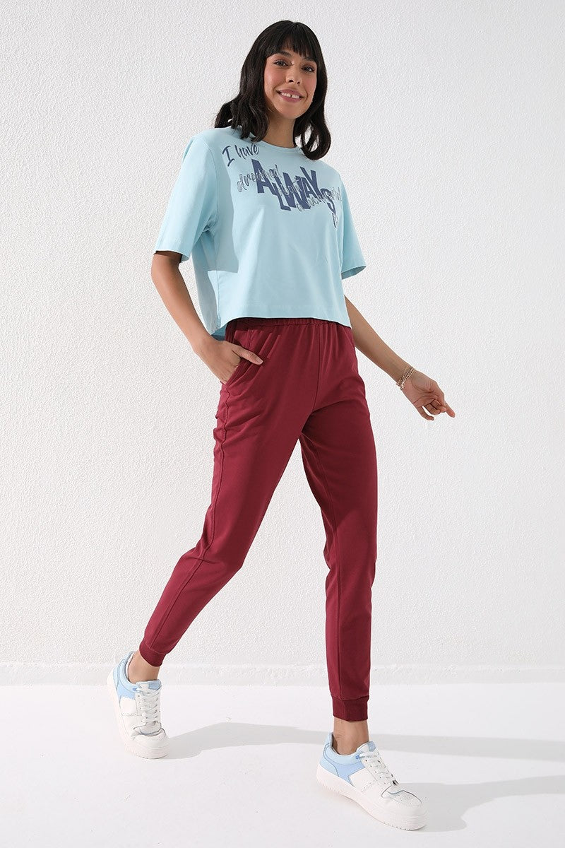 Bordo Yüksek Bel Jogger Rahat Form Manşetli Kadın Eşofman Alt - 94561