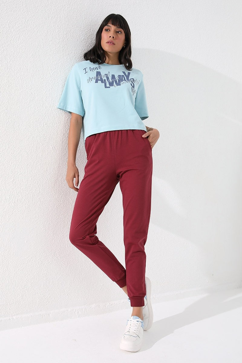 Bordo Yüksek Bel Jogger Rahat Form Manşetli Kadın Eşofman Alt - 94561