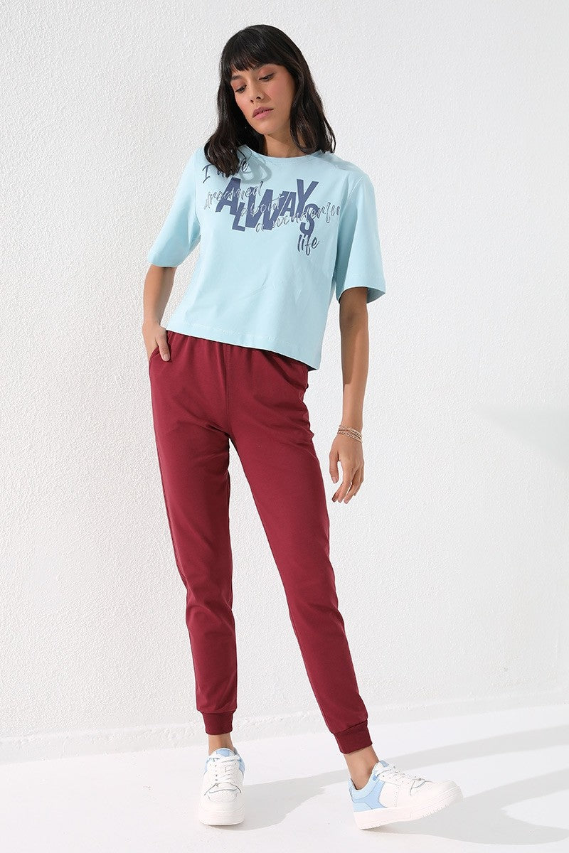 Bordo Yüksek Bel Jogger Rahat Form Manşetli Kadın Eşofman Alt - 94561