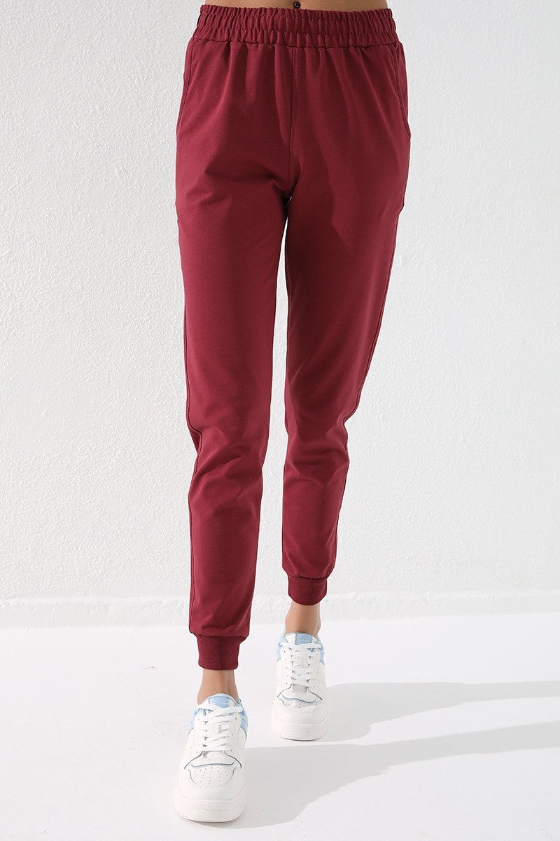 Bordo Yüksek Bel Jogger Rahat Form Manşetli Kadın Eşofman Alt - 94561