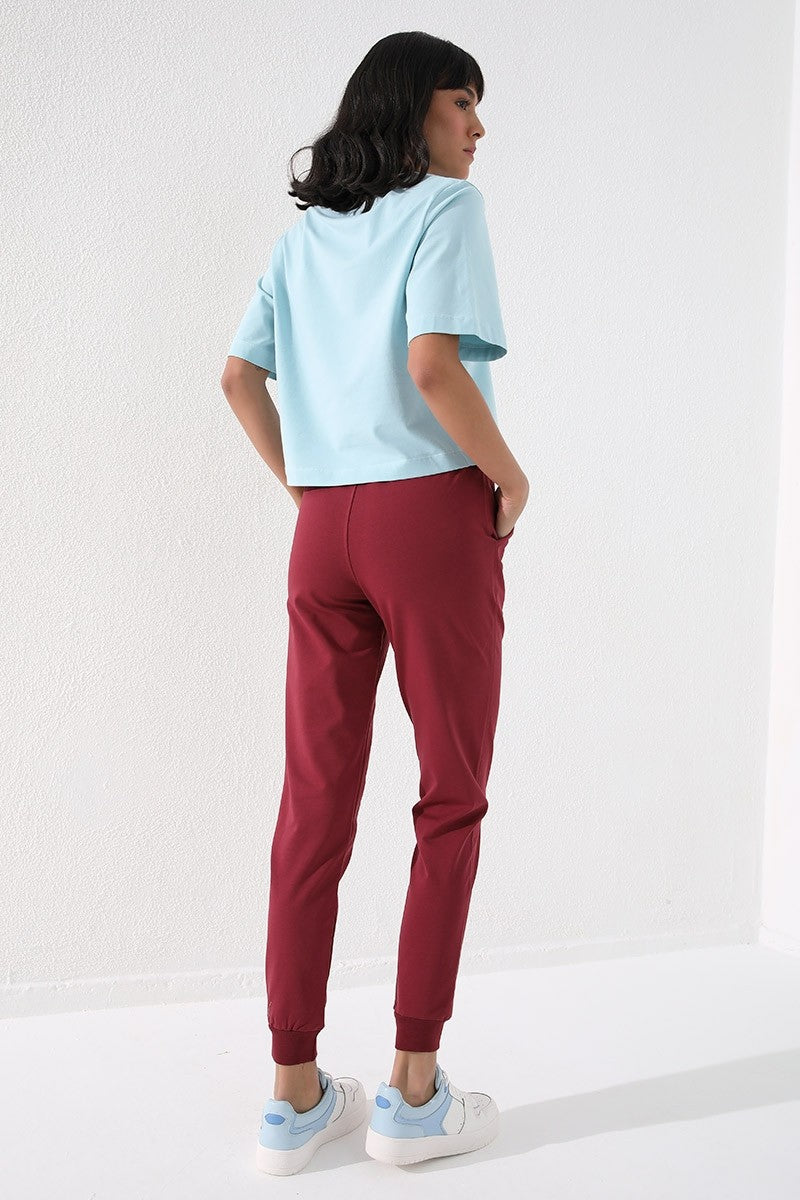 Bordo Yüksek Bel Jogger Rahat Form Manşetli Kadın Eşofman Alt - 94561