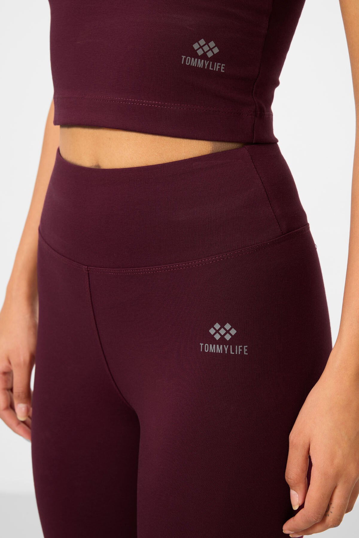 Bordo Yüksek Bel Kapri-Crop Atlet Slim Fit Kadın Tayt Takım - 95284