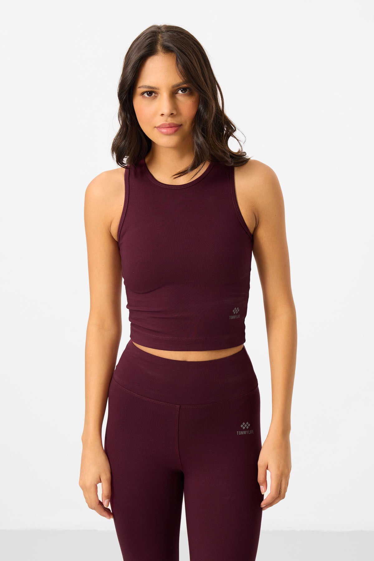 Bordo Yüksek Bel Kapri-Crop Atlet Slim Fit Kadın Tayt Takım - 95284