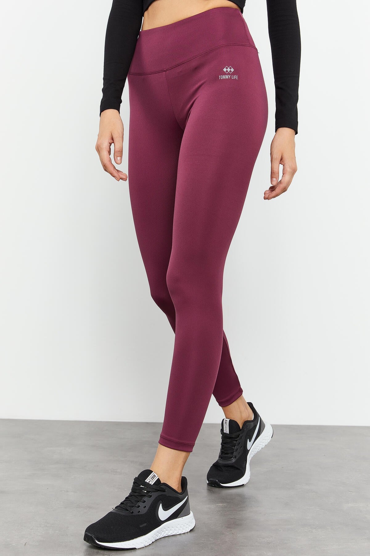 Bordo Yüksek Bel Streç Slim Fit Dar Paça Kadın Tayt - 94545