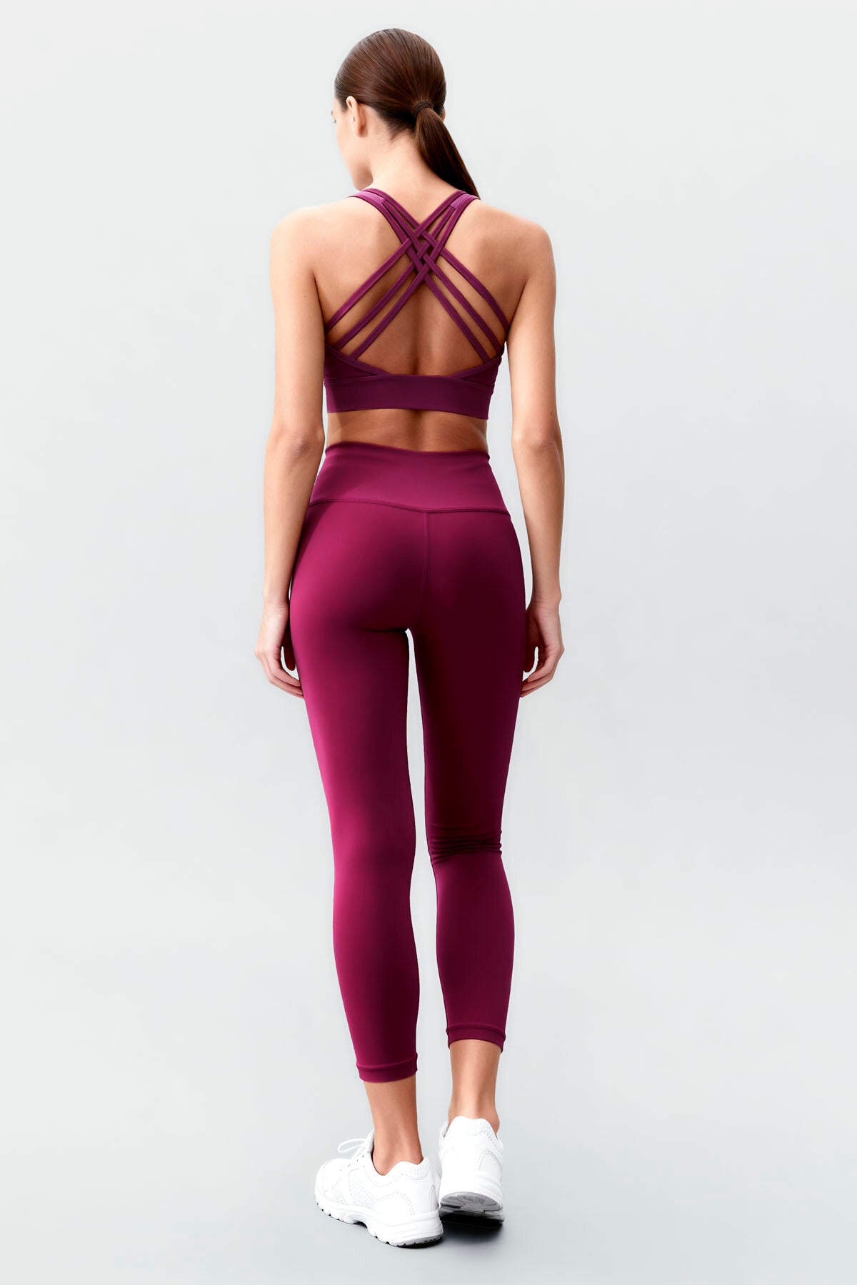 Bordo Yüksek Bel Toparlayıcı Çapraz Sırt Detaylı Slim Fit Kadın Tayt Takım - 95283