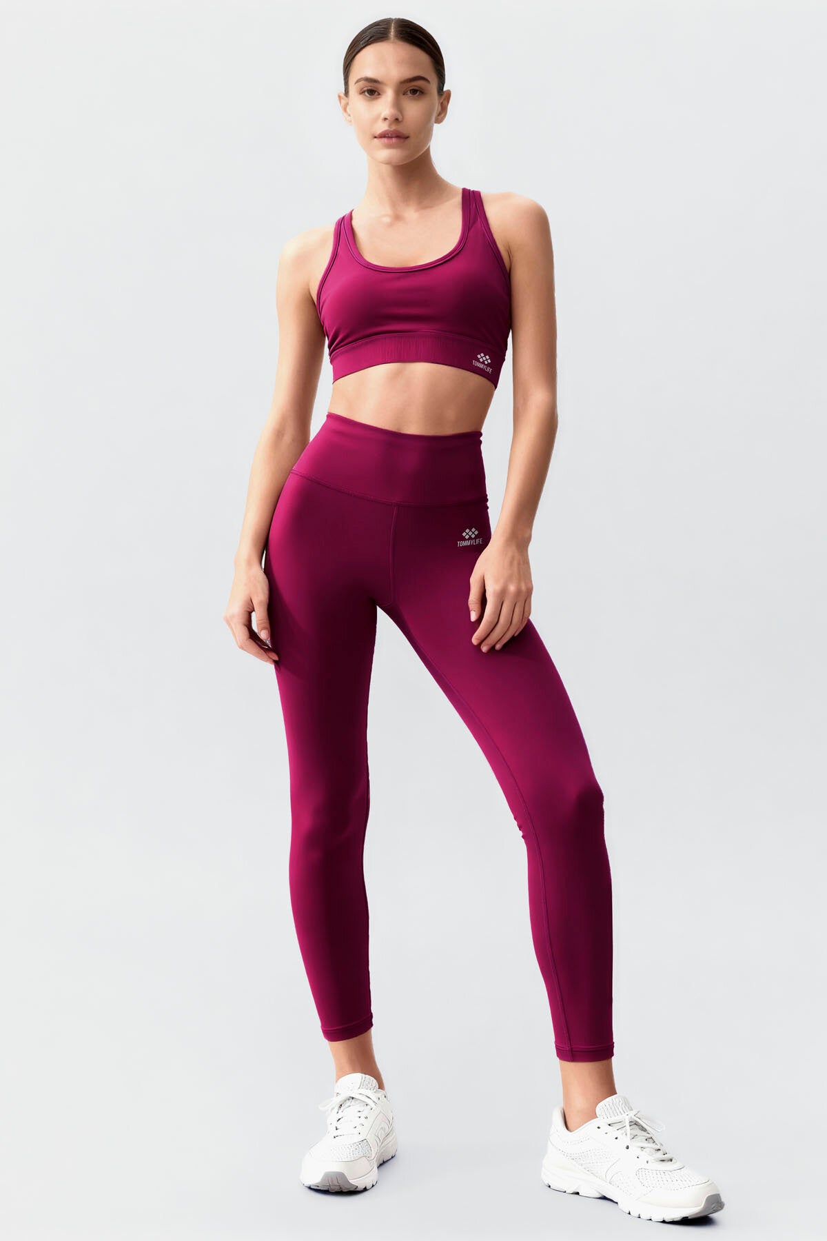 Bordo Yüksek Bel Toparlayıcı Çapraz Sırt Detaylı Slim Fit Kadın Tayt Takım - 95283