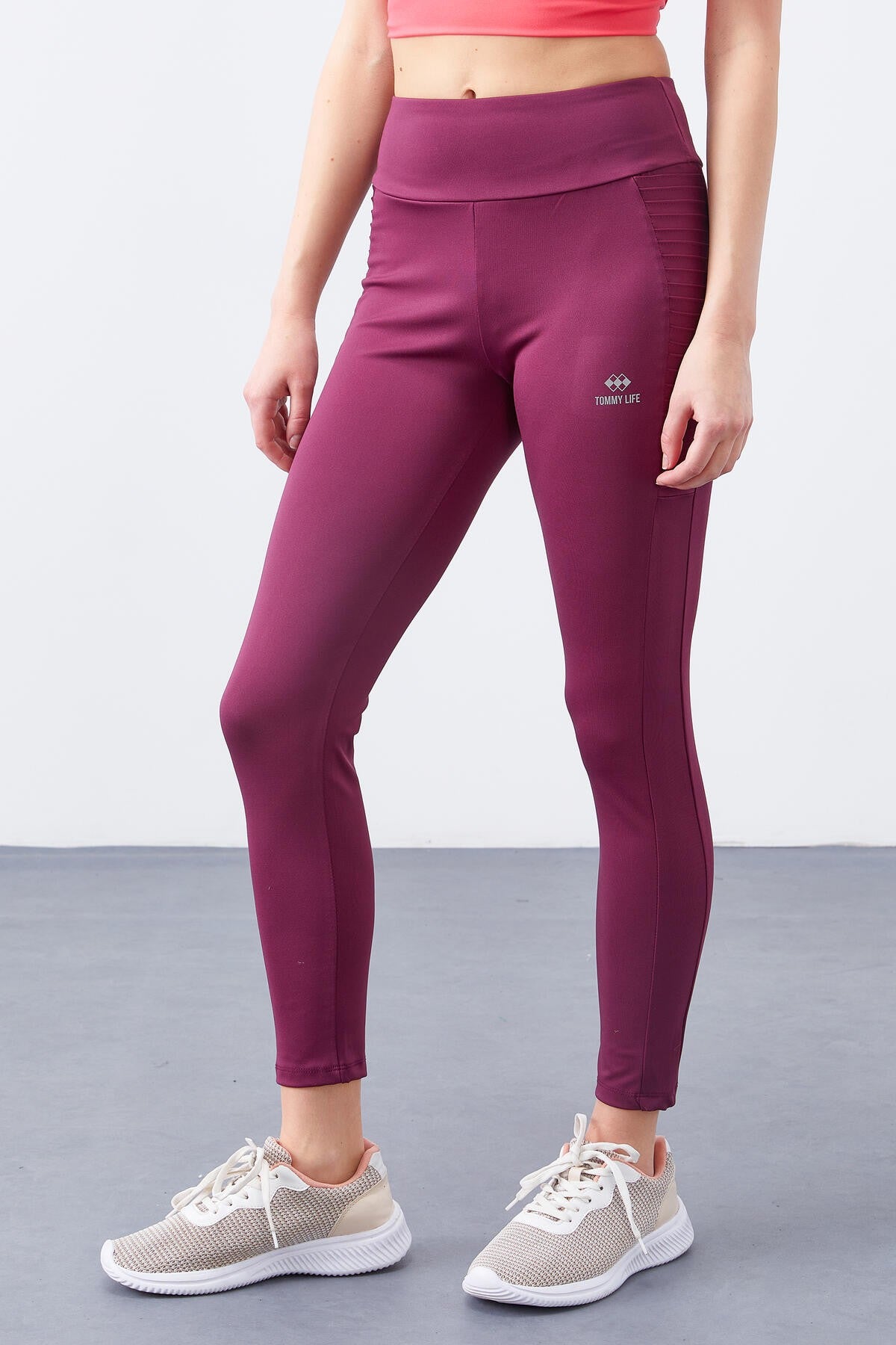 Bordo Yüksek Bel Toparlayıcı Slim Fit Dar Paça Kadın Tayt  - 94568
