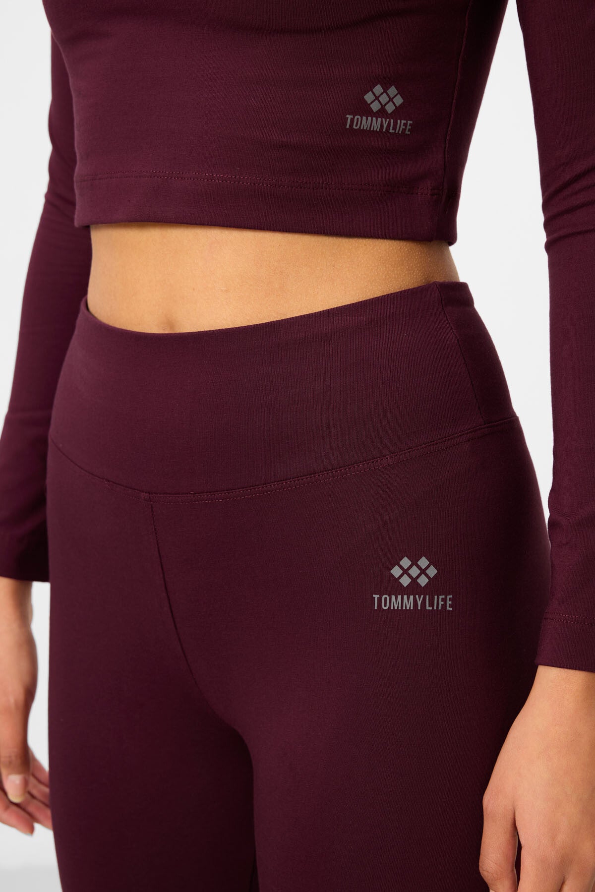 Bordo Yüksek Bel Uzun Kollu Slim Fit Crop Top Kadın Tayt Takım - 95286