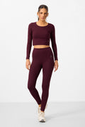 Burgundy High Waist Long Sleeve Slim Fit Crop Top Women's Leggings Set - 95286