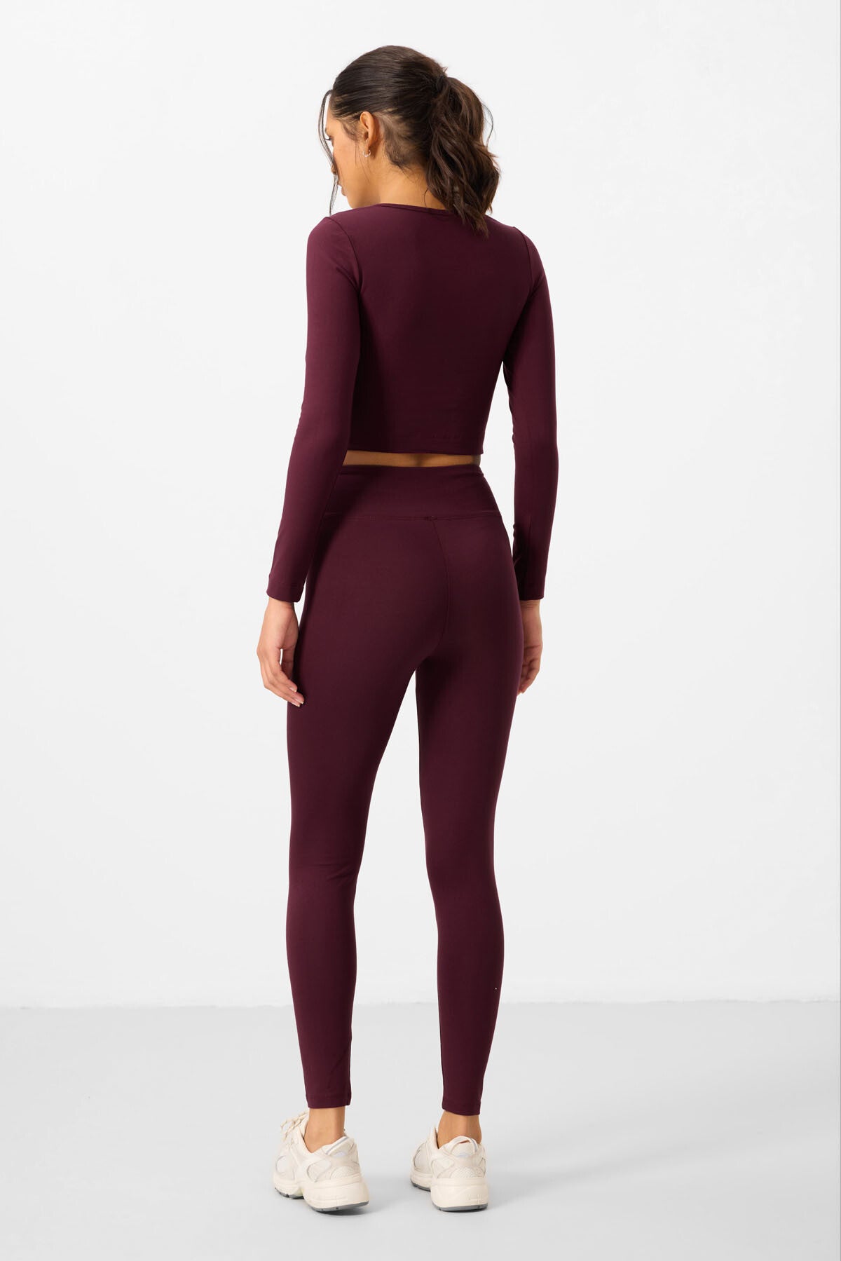 Bordo Yüksek Bel Uzun Kollu Slim Fit Crop Top Kadın Tayt Takım - 95286