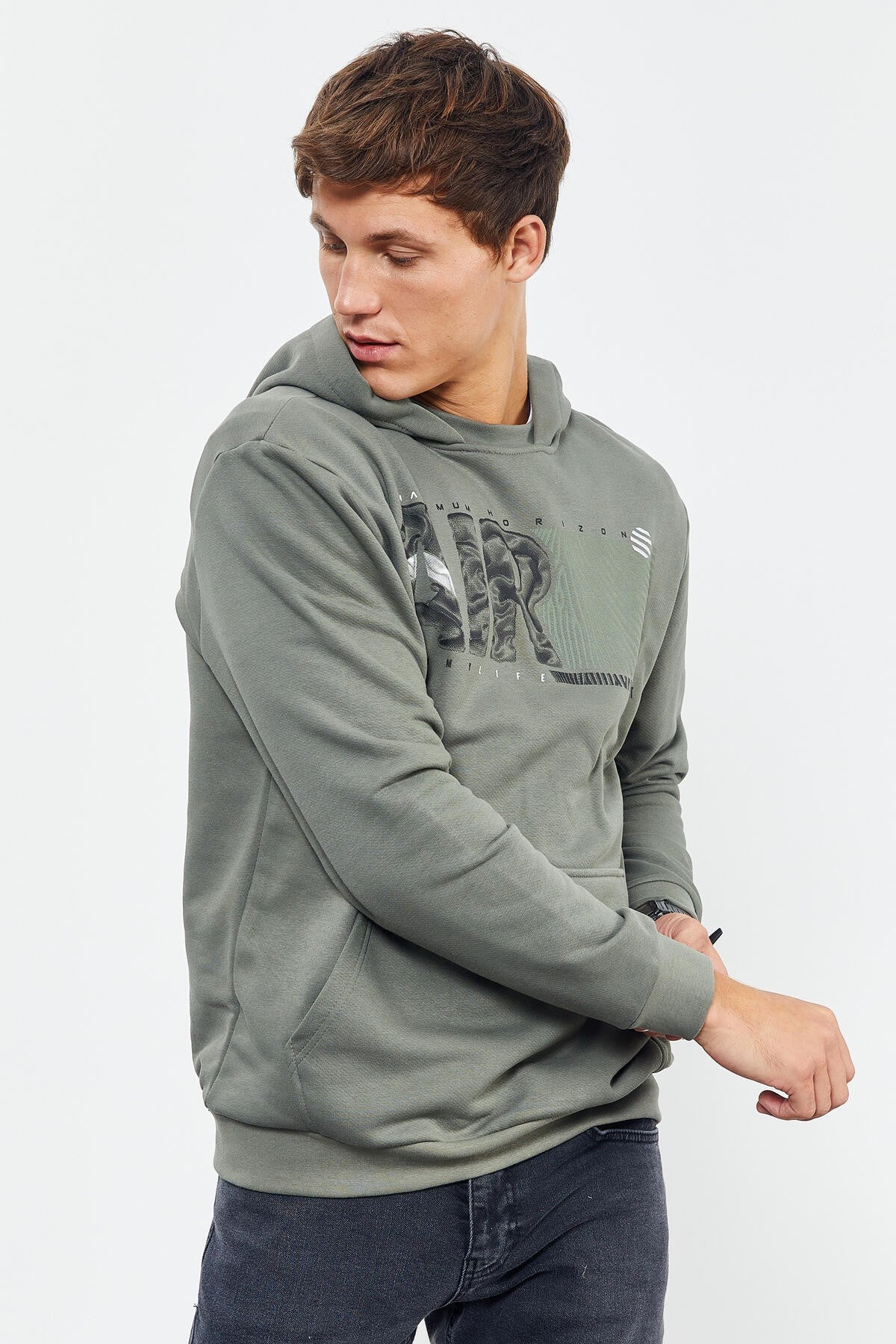 Çağla Air Yazı Baskılı Kapüşonlu Rahat Form Erkek Sweatshirt - 88009