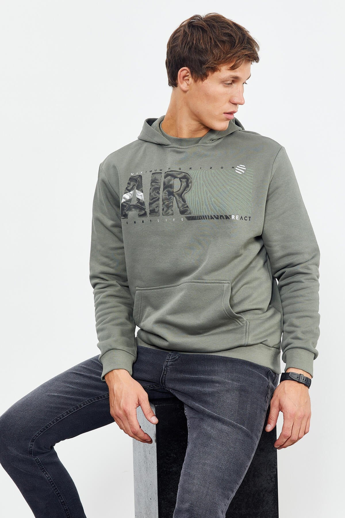 Çağla Air Yazı Baskılı Kapüşonlu Rahat Form Erkek Sweatshirt - 88009