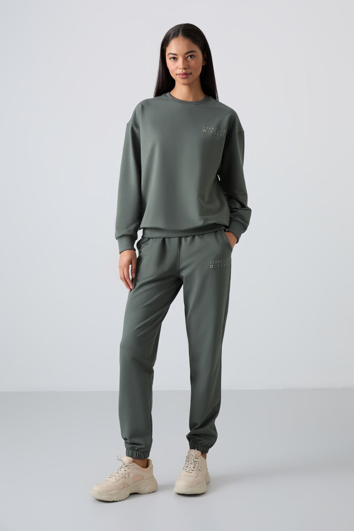 Çağla Basic Pamuklu O Yaka Oversize Lastik Paça Kadın Eşofman Takım - 95287