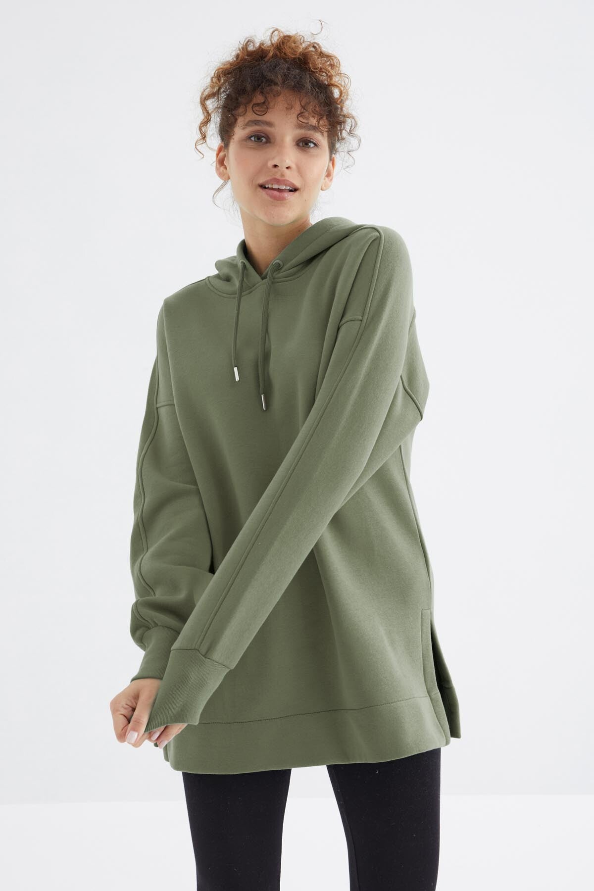 Çağla Reglan Kol Basic Kapüşonlu Oversize Sweatshirt Tunik - 97242
