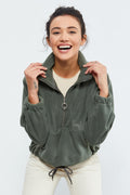 Olive Half-Zip Gathered Hem Women's Fleece Oversize Sweatshirt - 97171