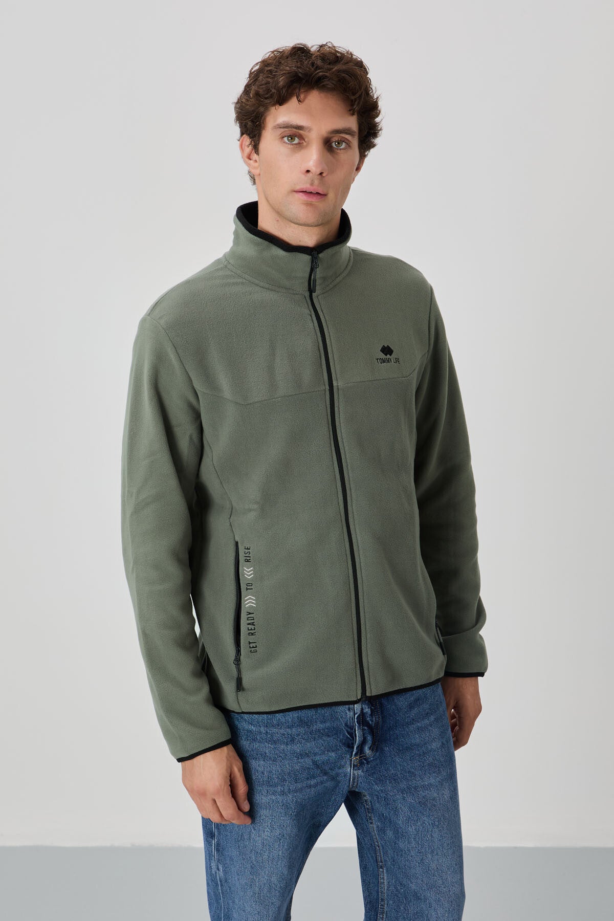 Çağla Yazı Nakışlı Dik Yaka Fermuarlı Standart Kalıp Erkek Sweatshirt Polar - 87992