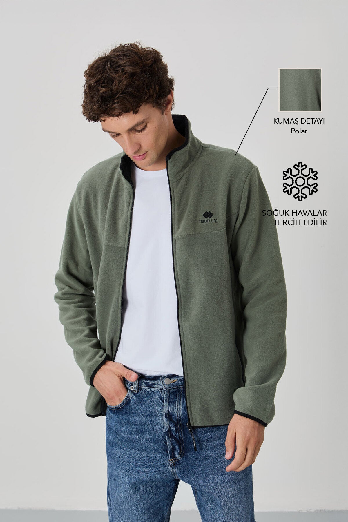 Çağla Yazı Nakışlı Dik Yaka Fermuarlı Standart Kalıp Erkek Sweatshirt Polar - 87992