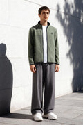 Olive Embroidered Lettering Stand Collar Zipper Standard Fit Men's Sweatshirt Fleece - 87992