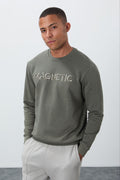 Olive Embroidered Lettering Crew Neck Relaxed Fit Fleece-Lined Men's Sweatshirt - 88020