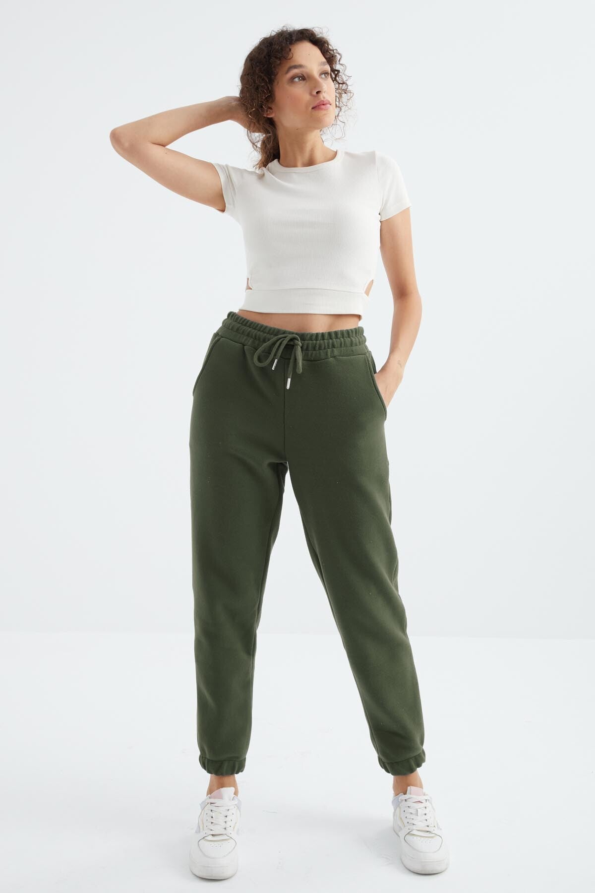 Çağla Yüksek Bel Basic Bağcıklı Jogger Polar Kadın Eşofman Alt - 94622